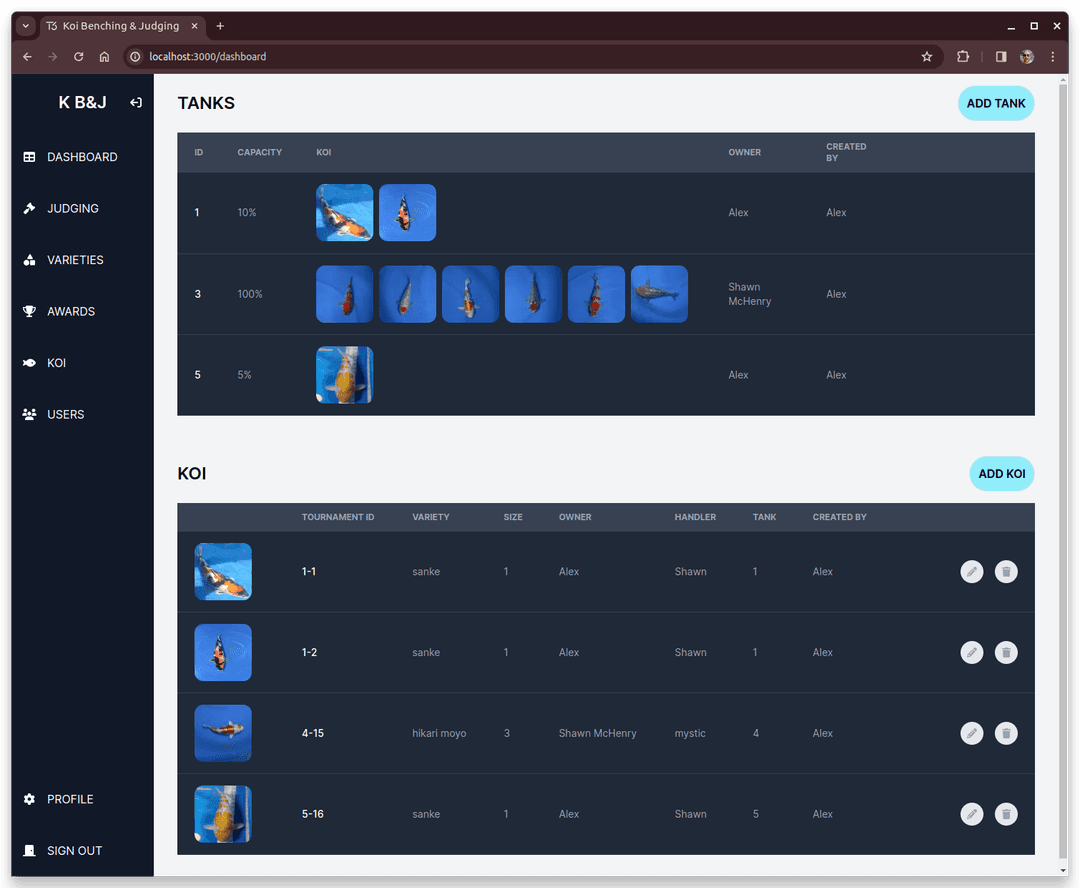 koi benching dashboard screenshot